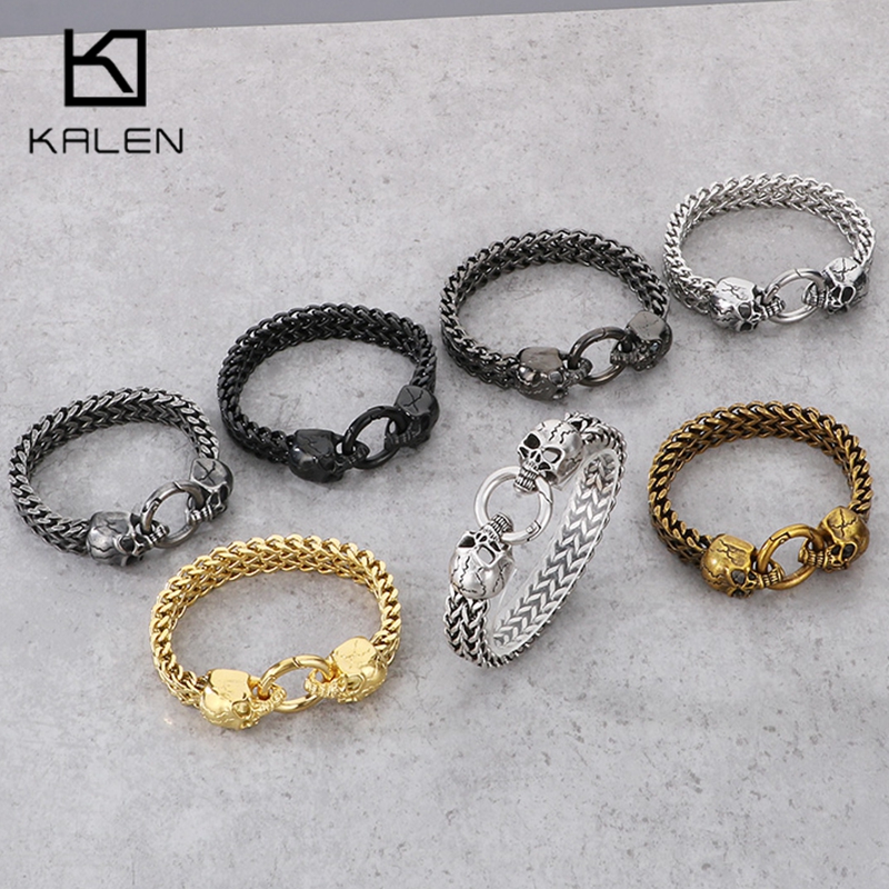 Men Accessories Ring And Bracelet - KALEN-Pulseira Punk Crânio de Aço Inoxidável
